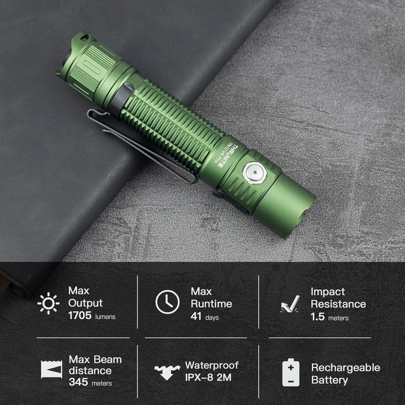 ThruNite TN12 V6 Pro Tactical LED Flashlight, High 1705 Lumens Dual Switch, USB-C Rechargeable Flashlight Compact for EDC, Law Enforcement, and Outdoor Use (Green) - Image 5
